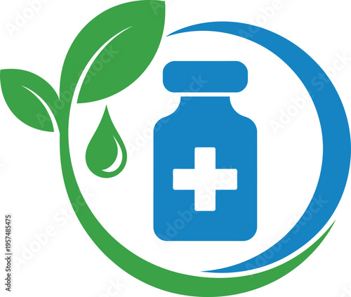 Eco friendly natural medicine bottle with green leaf and drop isolated on transparent background