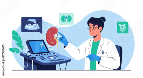 Doctor analyzing kidney ultrasound scan on modern medical equipment, futuristic healthcare concept
