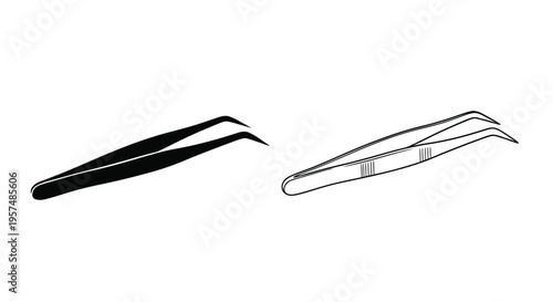 Black and white illustration of a pair of tweezers in two styles