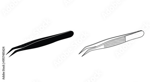 A black and white illustration of a pair of precision tweezers