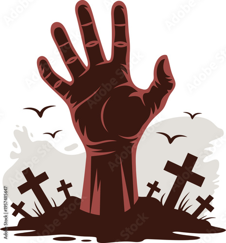 Zombie hand rising from grave with crosses and birds flying overhead in cemetery  spooky Halloween scene