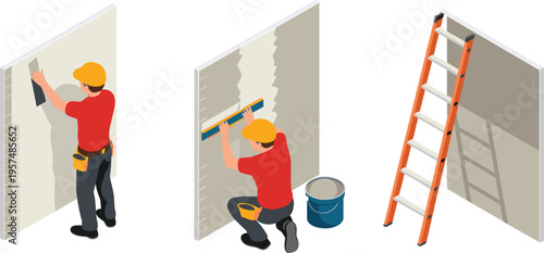 Construction workers plastering and finishing wall surface with tools and ladder illustration showing renovation process, interior work, and building maintenance