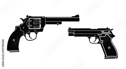 Two black silhouettes of revolvers and semi automatic pistols are displayed