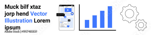Technology, analytics, business growth, mobile applications, data visualization, process optimization. Smartphone screen showing app UI, bar chart and gears. Technology and analytics concept