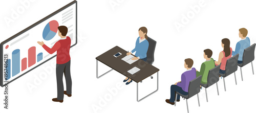 Isometric business presentation illustration, data charts, meeting, training session, team analysis, office workers, corporate communication, seminar and strategy concept