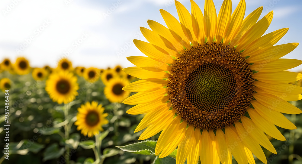 Fototapeta premium Large bright yellow sunflower in a field of sunflowers green
