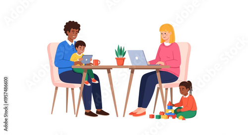 Modern Family Balancing Remote Work & Childcare at Home: Parents on Laptop/Tablet, Kids Playing. Work-Life Integration.