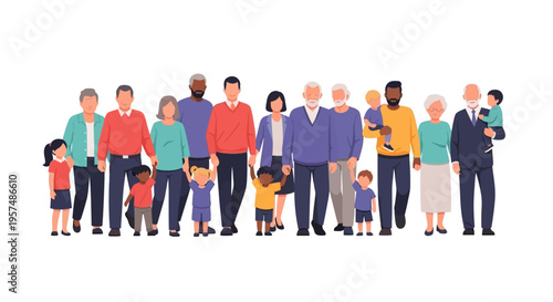 Diverse Multi-Generational Group Walking Together: Happy Families, Children, Adults, and Seniors Representing Various Ethnicities in Unity