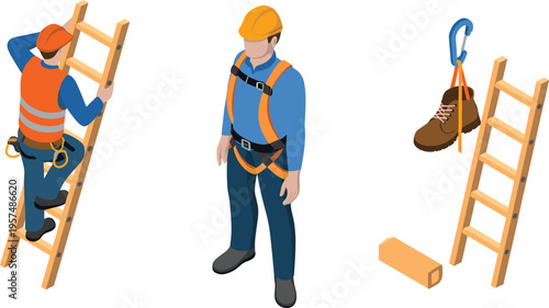 Isometric construction worker climbing ladder with safety harness equipment and protective gear illustration emphasizing workplace safety and height work