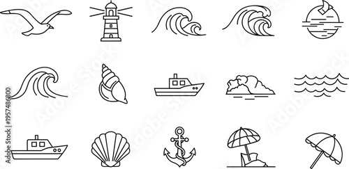 PrintOcean and Beach Line Icon Set with Lighthouse, Waves, Boat, Shell, Anchor, Umbrella, Seagull, and Sea Elements Vector Collection