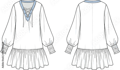 Women blouse dress vector fashion flat sketch front and back view lace up neckline design