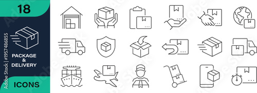 Warehouse logistics, stockroom inventory, distribution center and storage line icon set. Out of stock and procurement, boxes on rack and pallet thin black and red outline symbols vector illustration