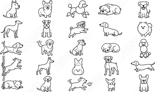 Large Collection of Hand Drawn Dog Breed Line Icons Featuring Various Pedigree Canines for Veterinary and Pet Care Web Graphics