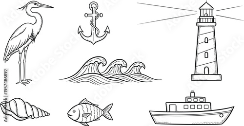 Marine Nautical Vector Illustration Set with Lighthouse, Anchor, Waves, Boat, Fish, Shell, and Heron Bird Hand Drawn Style Collection