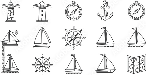Nautical Line Icon Set with Lighthouse, Compass, Anchor, Sailboat, Ship Wheel, Map, and Marine Navigation Vector Outline Collection