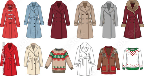 Winter Coat and Sweater Icon Set with Various Stylish Outerwear, Jackets, and Holiday Sweater Designs for Fashion, Apparel, and Digital Media Projects