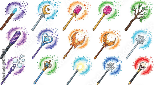 Large Collection of Fantasy Magic Wands and Staffs with Elemental Spell Effects Stars Skulls and Crystals for Game UI Design RPG Assets and Fairy Tale Illustrations