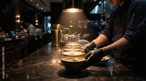 Chef wearing black gloves plating multiple bowls of garnished food on a marble countertop in a dimly lit professional restaurant kitchen, with overhead light and kitchen staff in the background