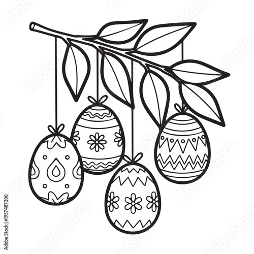 Easter eggs hanging from a branch with leaves