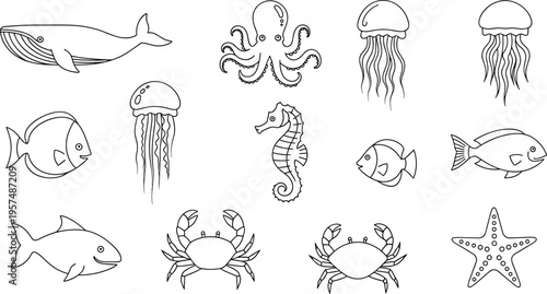 Sea Animals Line Icon Set with Whale, Octopus, Jellyfish, Seahorse, Fish, Crab, Shark, and Starfish Marine Vector Collection