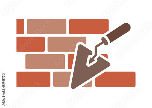 House renovation symbol featuring a brick wall and trowel in solid style.