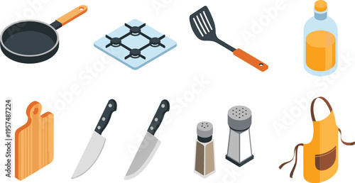 Isometric kitchen utensils collection with frying pan stove spatula oil bottle cutting board knives salt and pepper apron illustration