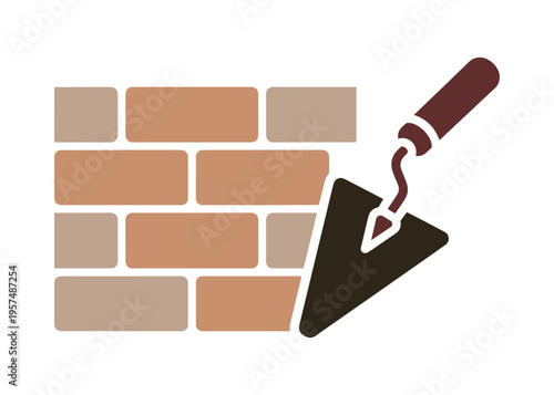 Brick wall with trowel glyph icon isolated on a white background.