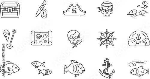 Pirate Line Icon Set with Treasure Chest, Sword, Skull, Ship Wheel, Anchor, Map, Fish, and Island Vector Outline Collection