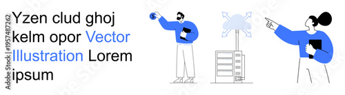 Cloud computing, teamwork, innovation, data storage, IT services, collaboration. People interacting with tech symbols and cloud-related designs. Cloud computing and teamwork ideas showcased