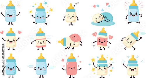 Cute baby bottle characters vector set with funny emotions, kawaii feeding icons, milk bottles cartoon mascots, adorable kids illustration collection