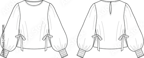 Women blouse vector fashion flat sketch front and back view long sleeve tie side design