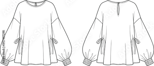 Women blouse vector fashion flat sketch front and back view long sleeve loose fit design