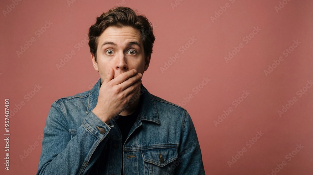 Obraz premium shocked young caucasian man covering mouth with hand in disbelief against pink background. concept of surprise, secret, mistake. banner, website header, copyspace.