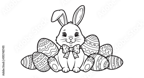 Easter bunny surrounded by decorated eggs in a heartwarming holiday scene with a bow tie and long ears