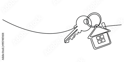 Continuous One Line Drawing of House Key and Keychain