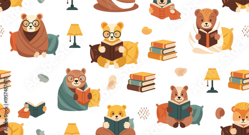 Cute bears reading books seamless pattern, cozy animals with glasses, blankets and pillows, warm autumn colors, cartoon vector illustration background design
