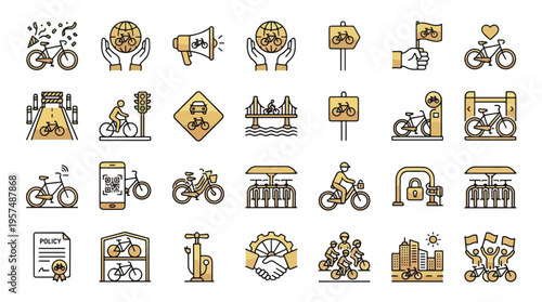 Bicycle and Urban Mobility Icon Set in Linear Style. A collection of cycling linear icons, including bike lane, parking, rental, gear, city, traffic, commute, sustainable, pump, lock