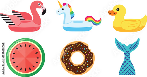 Summer pool float collection with flamingo unicorn duck watermelon slice donut and mermaid tail colorful vector illustration isolated set