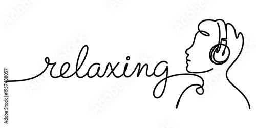 Minimalist One-Line Art of Person Listening to Music with Headphones