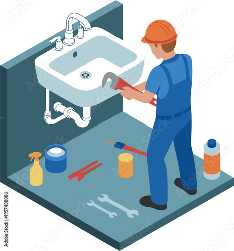 Plumber repairing sink with tools in bathroom illustration showing maintenance work, pipe fixing, and professional plumbing service scene