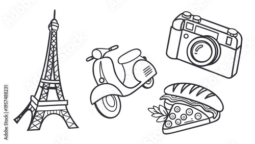 A set of iconic Parisian symbols including the Eiffel Tower, scooter, camera, and sandwich in a minimalist line art style