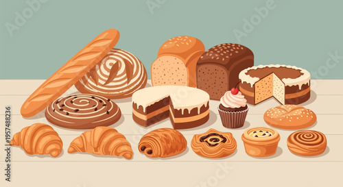 Assortment of freshly baked goods including bread, pastries, and cakes.