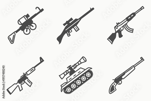 A set of six black and white vector icons depicting various military weapons and a tank in a flat minimalist style