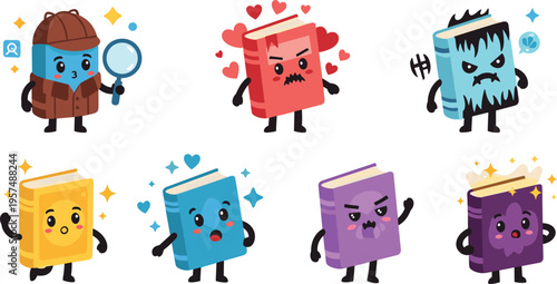 Cute cartoon book characters with emotions, funny educational mascots collection, happy angry scared fantasy books, colorful vector illustration set
