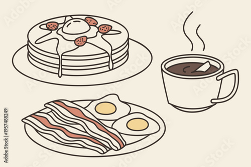 A minimalist vector illustration of a delicious breakfast spread featuring pancakes, bacon, eggs, and coffee