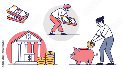 A vector graphic illustration of people saving money with a bank, piggy bank, and cash