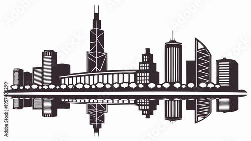 A black and white vector graphic illustration of a modern city skyline with sleek skyscrapers and a reflective waterfront