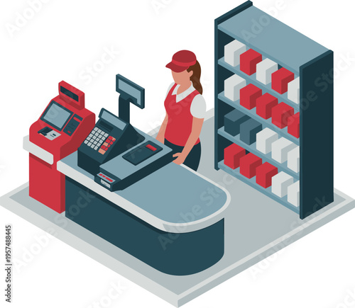 Retail cashier working at checkout counter with register and stocked shelves illustration showing sales transaction, store service, and shopping process
