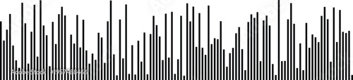 A minimalist graphic display of vertical black bars representing digital data frequency analysis