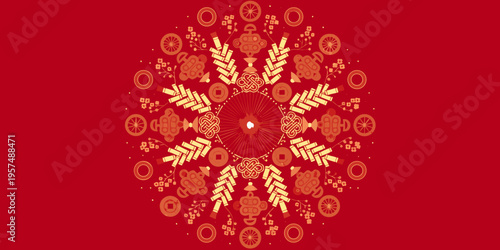 Vibrant red background with intricate golden chinese new year design elements and patterns arranged in a circular formation